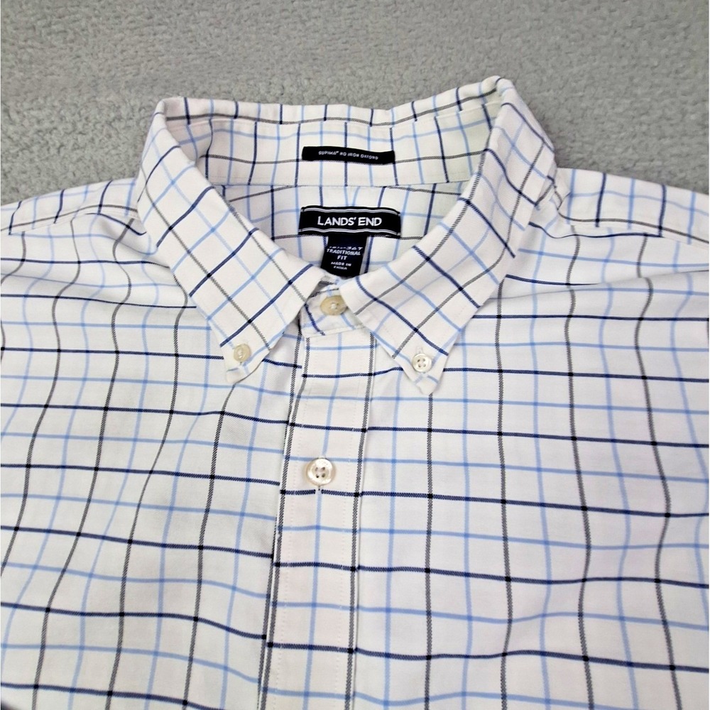 Lands End Shirt Mens 18.5 36T Blue Plaid‎ Button Down Supima Cotton Oxford